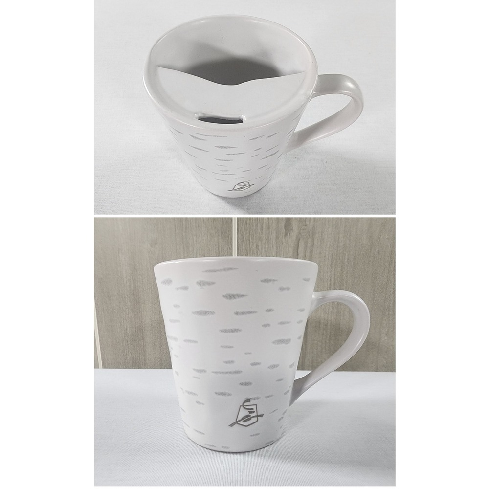 Caribou Coffee Mustache Guard‎ Mug 12oz Birch Bark Textured White Grey Ceramic